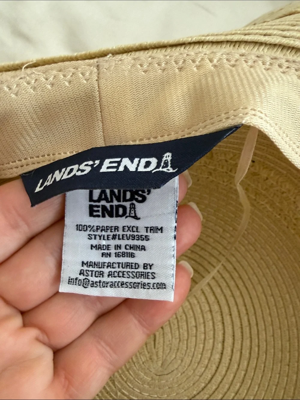 Lands' End Cream Straw Sun Hat with Decorative Tie